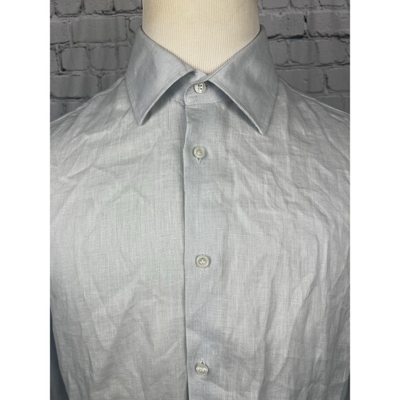 MNG 100%Linen Mens Medium Regular Fit Long Sleeve Button Up Shirt Light Blue - Picture 6 of 8